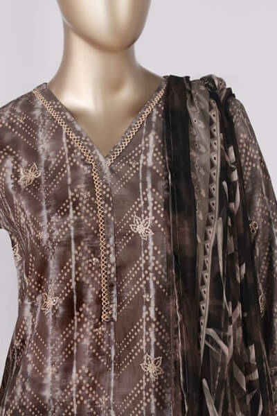 Embroidered 3pc dress with Chiffon Duppatta (Dark Brown) (4)
