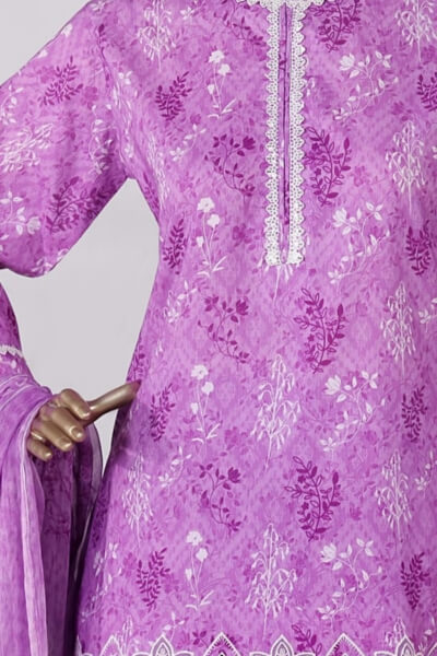 Embroidered 3pc dress with Chiffon Duppatta (Purple)