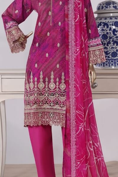 Embroidered 3pc dress with Chiffon Duppatta purple